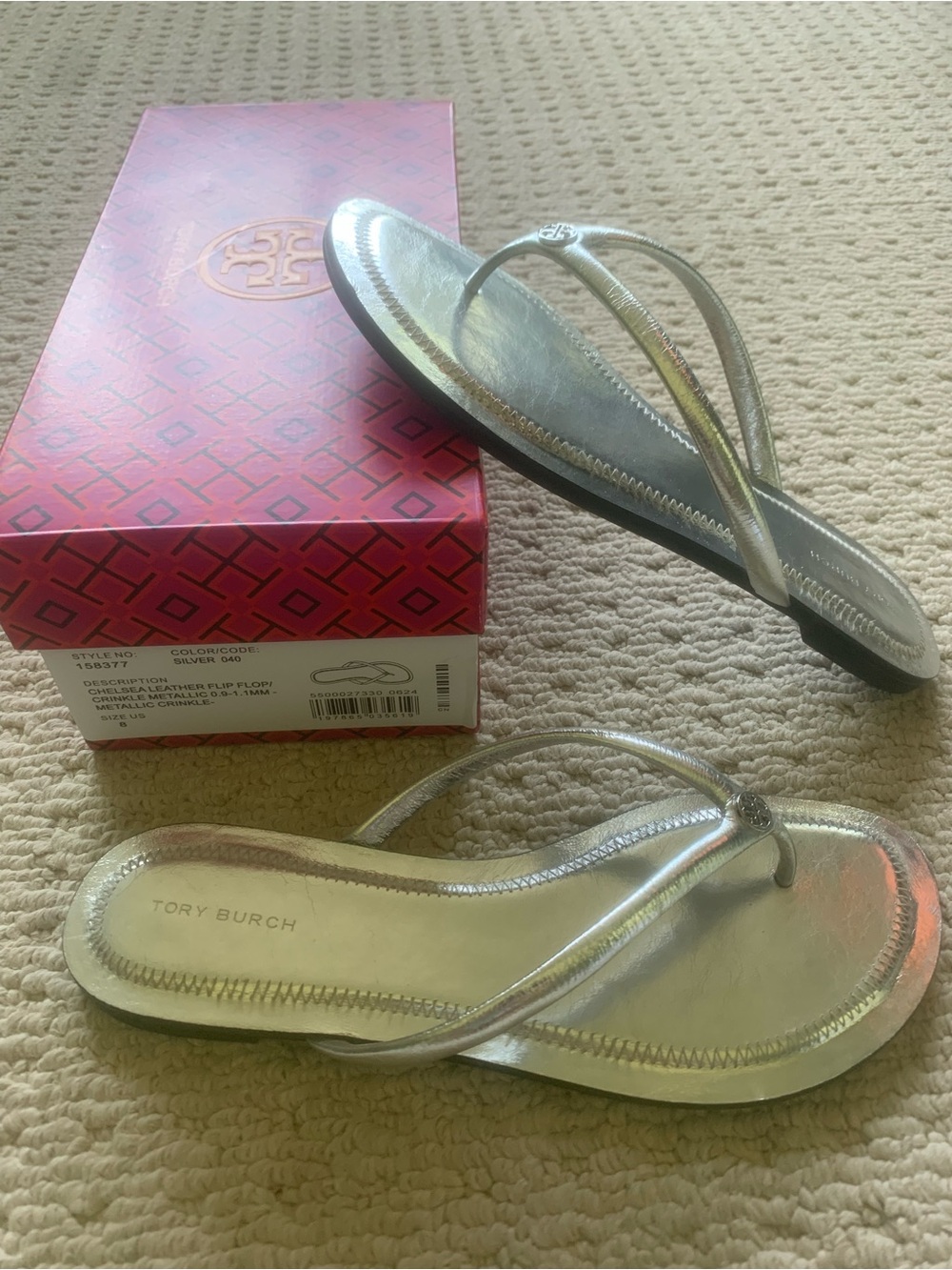 Tory Burch Silver Metallic Leather Flip Flop Sandals